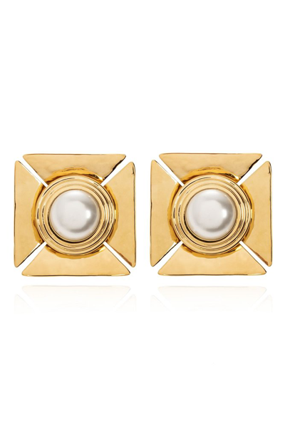 Shop Saint Laurent Pearly Square Earrings In Gold