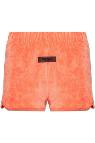 Shop Essentials Fear Of God  Logo Patch Velour Shorts In Orange