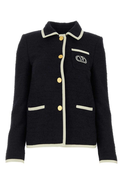 Shop Valentino Logo Detailed Buttoned Jacket In Navy