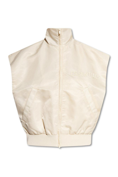 Shop Essentials Fear Of God  Logo Printed Zipped Vest In Beige