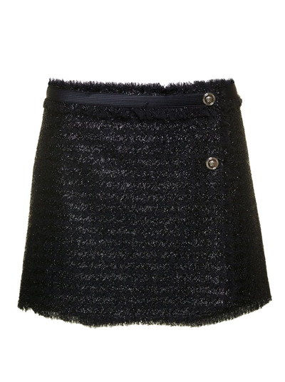Shop Versace Frayed Hem Lurex Tweed Skirt In Black