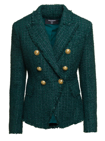 Shop Balmain Double Breasted Tweed Jacket In Green