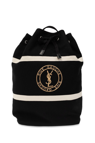 Shop Saint Laurent Rive Gauche Logo Embroidered Drawstring Sling Bag In Black