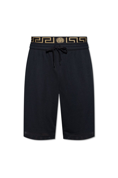 Shop Versace Meshed Drawstring Shorts In Black