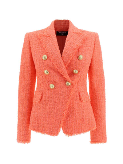 Shop Balmain Double Breasted Tweed Jacket In Orange