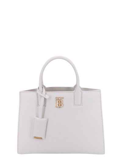 Shop Burberry Mini Frances Logo Plaque Tote Bag In White