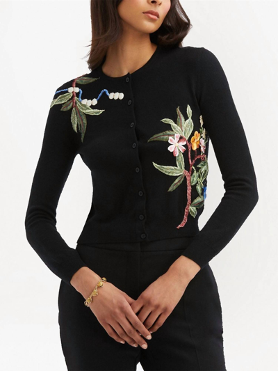 Shop Oscar De La Renta Floral Embroidered Cardigan In Black Multi
