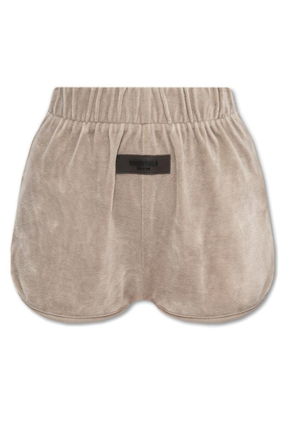 Shop Essentials Fear Of God  Logo Patch Velour Shorts In Grey