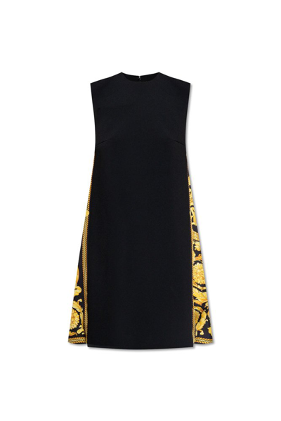 Shop Versace Barocco Panelled Printed Sleeveless Mini Dress In Black