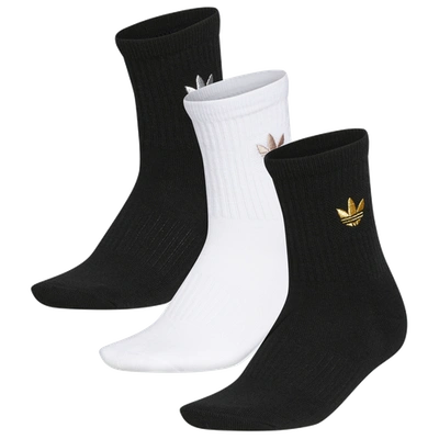 Shop Adidas Originals Womens  Og Gilver Trefoil 3 Pack Mid Socks In Black/white/gold