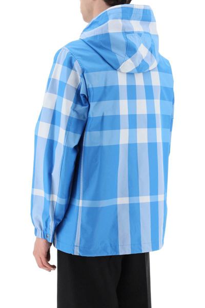 Shop Burberry Check Hooded Jacket In Blue