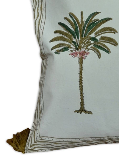Les-ottomans Palms Hand-printed Cushion In Blue