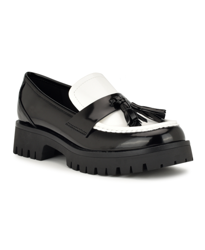 Shop Nine West Women's Garry Round Toe Slip-on Casual Loafers Women's Shoes In Black/white Patent