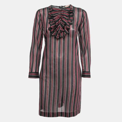 Pre-owned N°21 Burgundy/black Striped Cotton Blend Long Sleeve Short Dress M