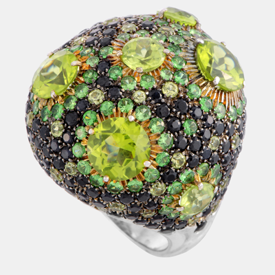 Pre-owned Roberto Coin Fantasia 18k White And Yellow Gold Diamond Peridot And Tsavorite Cocktail Ring