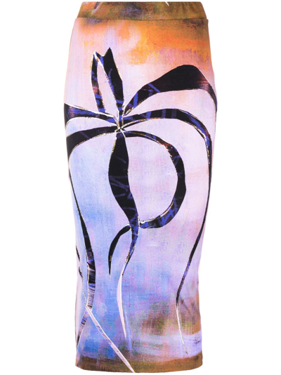 Shop Louisa Ballou Purple Botanical-print Midi Skirt In Orange