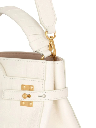 Shop Balmain B-buzz 22 Top Handle Bag In Grained Leather With Monogram In White