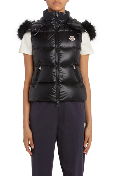 Shop Moncler Gallinule Removable Hood Down Vest With Faux Fur Trim In Black