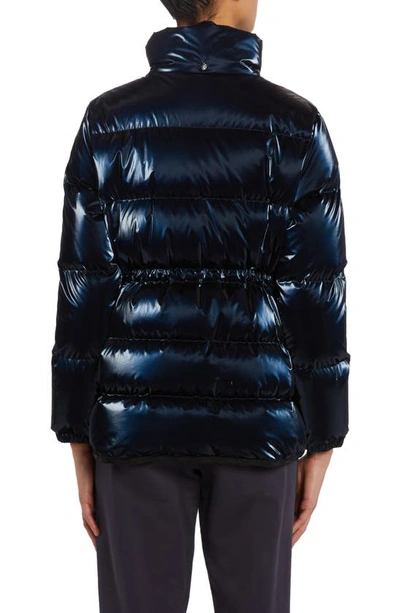 Moncler Herault Metallic Puffer Jacket With Logo Patch In Navy