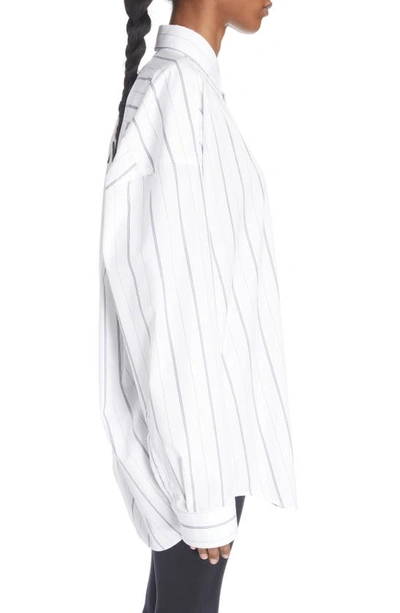Shop Balenciaga Logo Stripe Cotton Blend Cocoon Shirt In White/ Navy