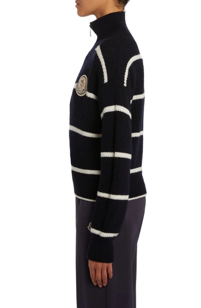 Shop Moncler Turtleneck Wool Half Zip Sweater In Blue Navy