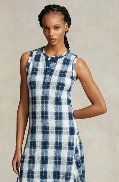 Shop Polo Ralph Lauren Plaid Sleeveless Pleated Cotton Knit Dress In Navy Plaid