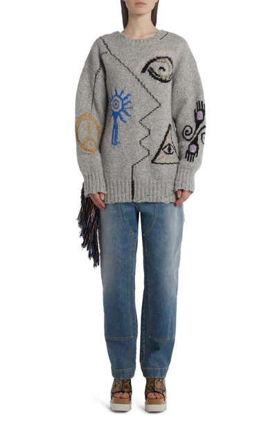 Shop Stella Mccartney Folk Art Distressed Wool & Alpaca Blend Sweater In Grey Multicolor