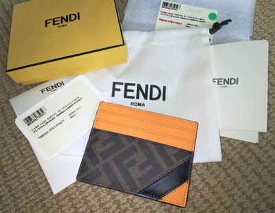 Pre-owned Fendi 'ff Logo W/ Orange Detail' Authentic Men's Canvas/leather Card Holder