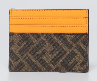 Pre-owned Fendi 'ff Logo W/ Orange Detail' Authentic Men's Canvas/leather Card Holder