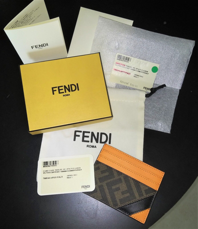 Pre-owned Fendi 'ff Logo W/ Orange Detail' Authentic Men's Canvas/leather Card Holder
