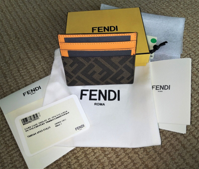 Pre-owned Fendi 'ff Logo W/ Orange Detail' Authentic Men's Canvas/leather Card Holder