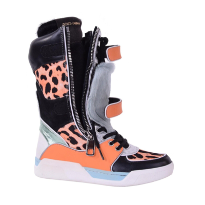 Pre-owned Dolce & Gabbana Patchwork Leather Fur High-top Sneaker Boots Orange Black 05874