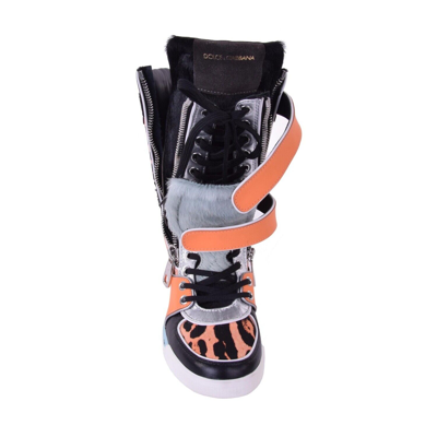 Pre-owned Dolce & Gabbana Patchwork Leather Fur High-top Sneaker Boots Orange Black 05874
