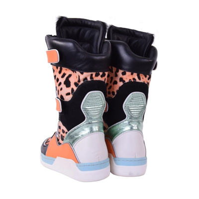 Pre-owned Dolce & Gabbana Patchwork Leather Fur High-top Sneaker Boots Orange Black 05874