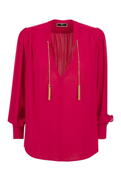 Shop Elisabetta Franchi Georgette Shirt With Stand-up Collar In Fuxia