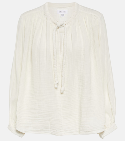 Shop Velvet Tie-neck Cotton Blouse Top In White