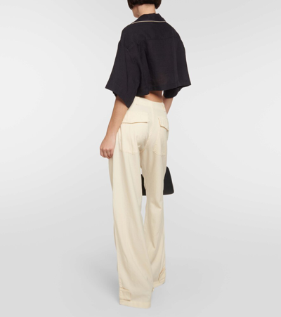 Palm Angels Palm Embroidered Cropped Bowling Shirt In Black