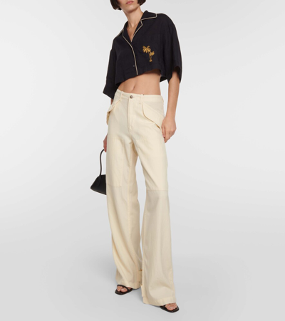 Shop Palm Angels Embroidered Cropped Linen Shirt In Black