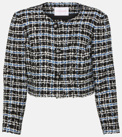 Carolina Herrera Check Collarless Crop Tweed Jacket In Multicoloured