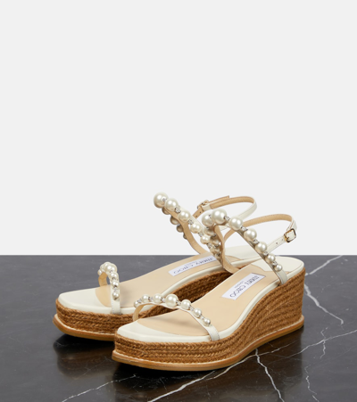Jimmy Choo Amatuus Pearl-embellished Leather Wedge Sandals In Neutral