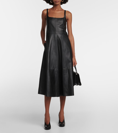 Shop Vince Square-neck Leather Dress In Black
