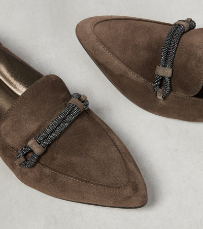 Shop Brunello Cucinelli Embellished Suede Loafers In Brown