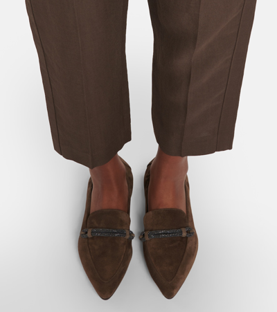 Shop Brunello Cucinelli Embellished Suede Loafers In Brown