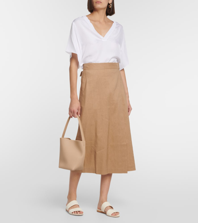 Shop Vince Buckle Linen-blend Wrap Skirt In Beige