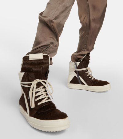 Shop Rick Owens Geobasket Cow-hair High Top Sneakers In Brown