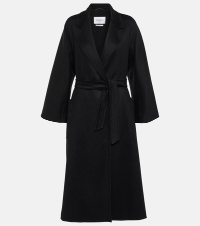 Max Mara Black Belted Long Coat With Notched Collar And Smooth Finish In Black