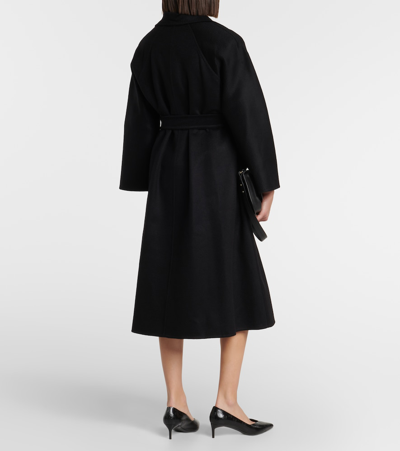 Max Mara Black Belted Long Coat With Notched Collar And Smooth Finish In Black