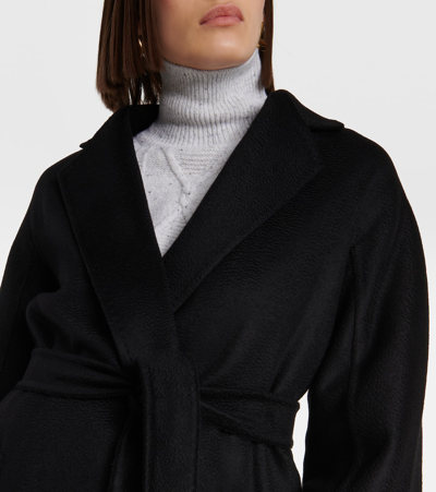 Max Mara Black Belted Long Coat With Notched Collar And Smooth Finish In Black