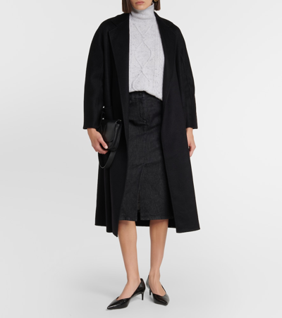 Max Mara Black Belted Long Coat With Notched Collar And Smooth Finish In Black