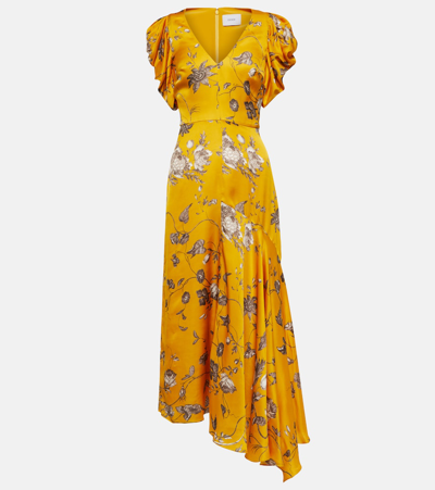 Shop Erdem Floral Satin Midi Dress In Yellow